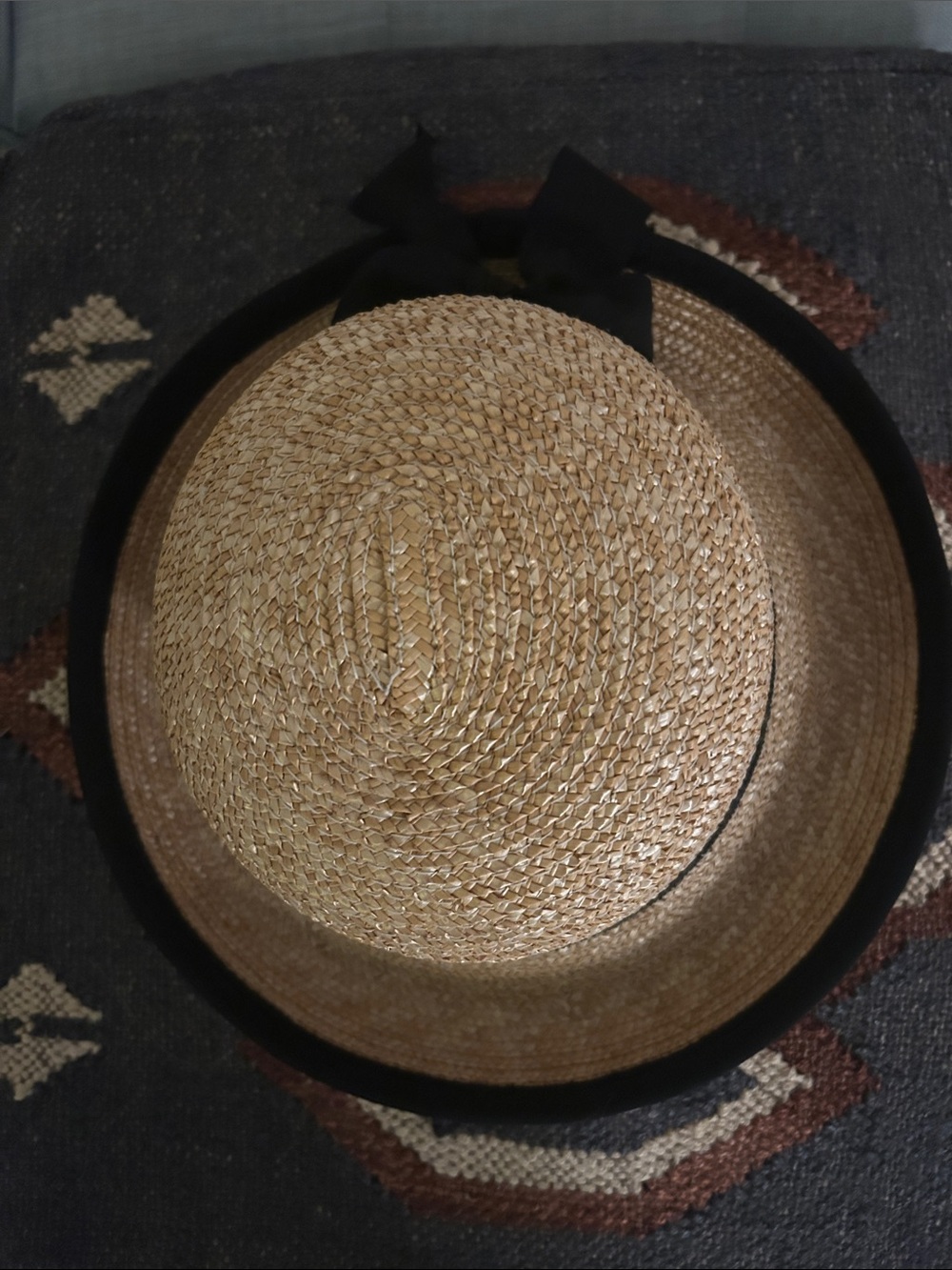 Straw Sun Hat with Navy- Blue Ribbon - Women Accessories